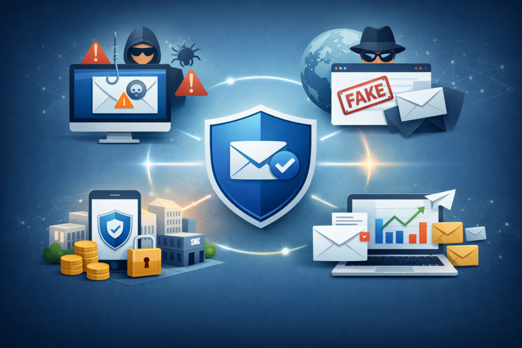 Illustration showing a secure email shield at the center, surrounded by visuals of phishing attempts, spoofed emails, hackers, financial risk, and protected legitimate email delivery, representing the need for DMARC email security.